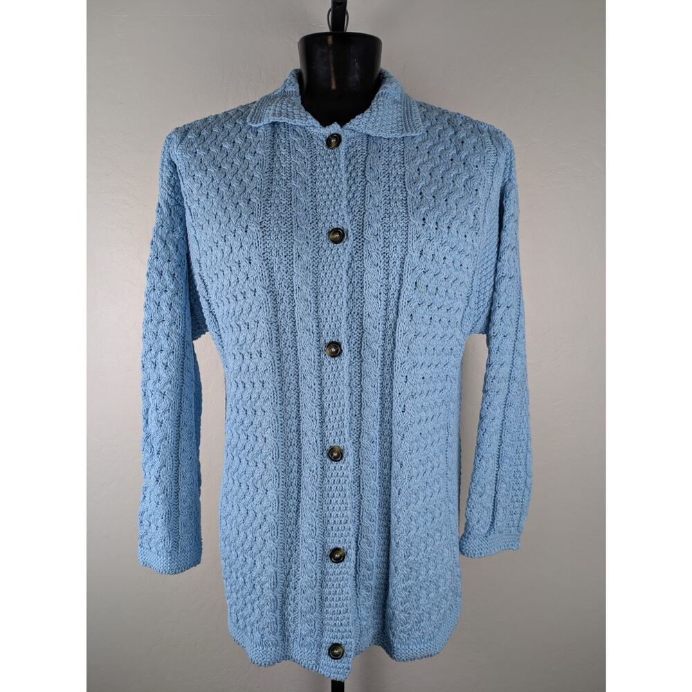 Aran Crafts blue button front cardigan sweater cotton blend cable knit